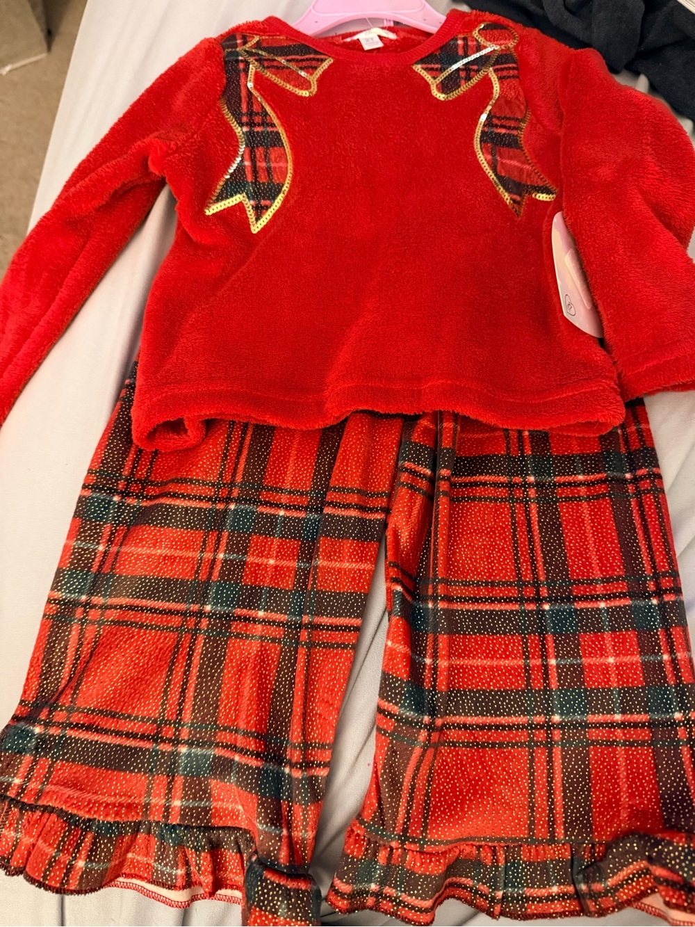 Kids Red Plaid Matching Set with Bow Accents
